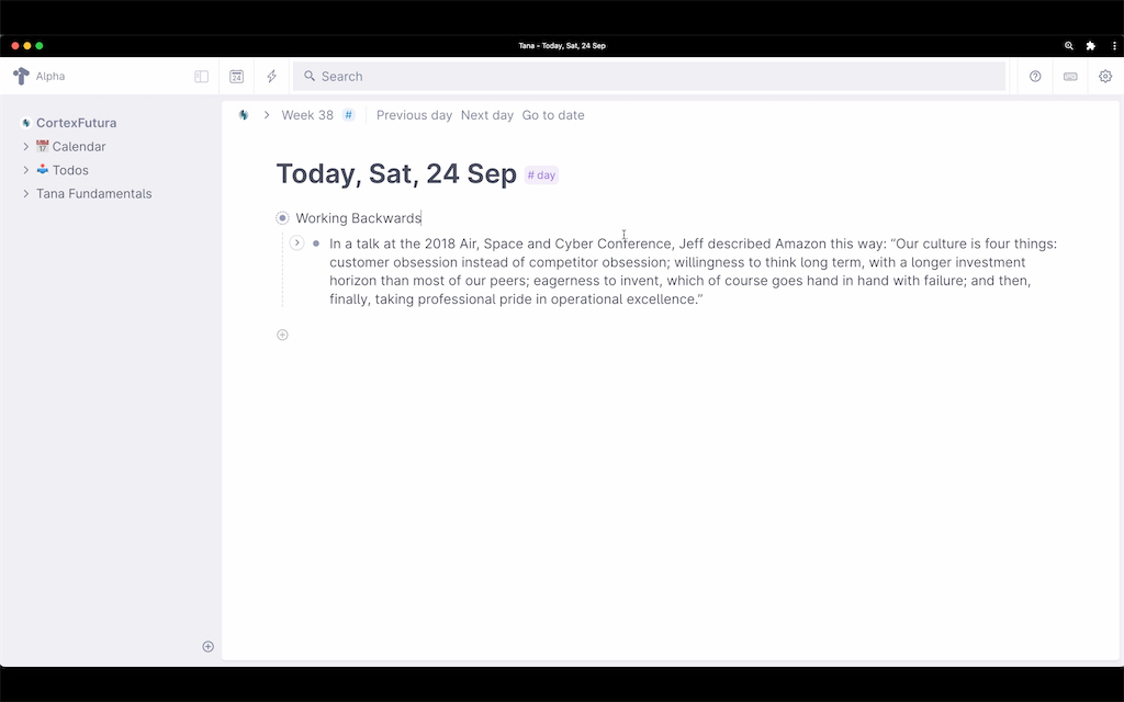Screenshot of daily note in Tana with a node that says 'Working Backwards' and some notes indented under this node.